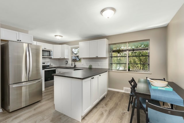 5721 Corunna Ave, Clarkston, MI 48346 - kitchen with stainless steel appliances, dark countertops, a peninsula, white cabinetry, and a sink