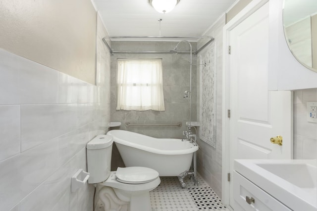 5721 Corunna Ave, Clarkston, MI 48346 - bathroom with tile walls, a freestanding bath, toilet, vanity, and a shower