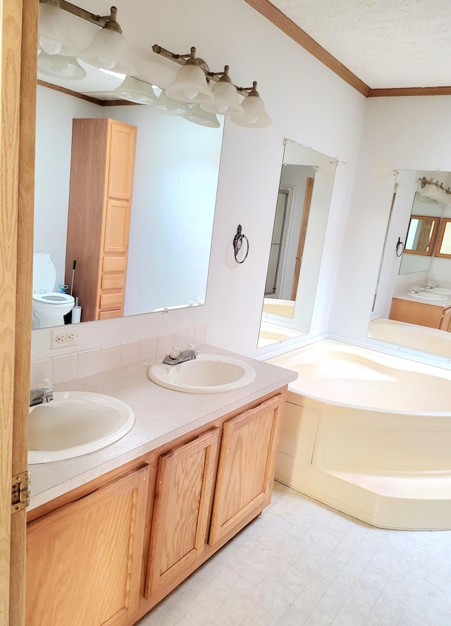 bathroom featuring double vanity, ornamental molding, and a sink