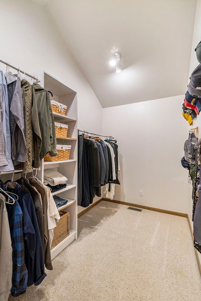 spacious closet featuring carpet floors and lofted ceiling