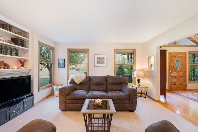 living room with light hardwood / wood-style flooring and a wealth of natural light