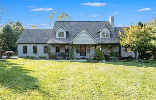 cape cod-style house with a front lawn and a porch