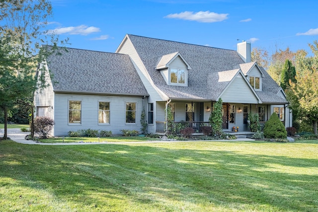 cape cod house with covered porch and a front lawn