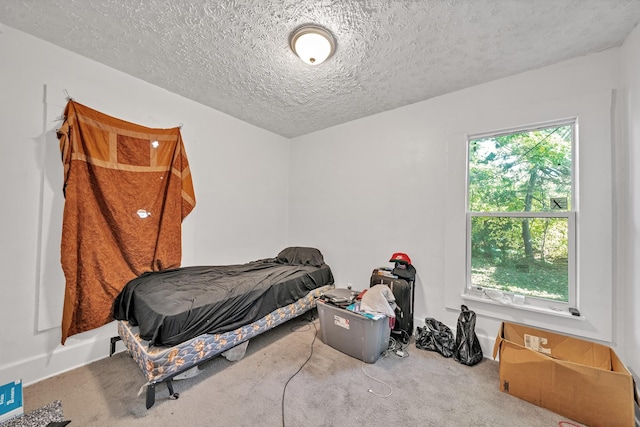 carpeted bedroom with a textured ceiling