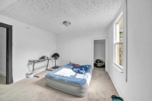 bedroom with multiple windows, carpet, and a textured ceiling