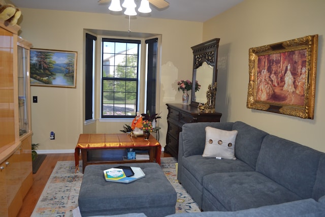 living room with ceiling fan and wood-type flooring