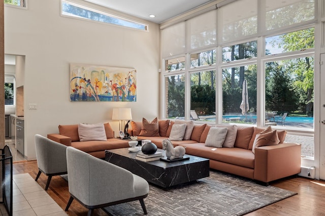 living room with a towering ceiling and a healthy amount of sunlight