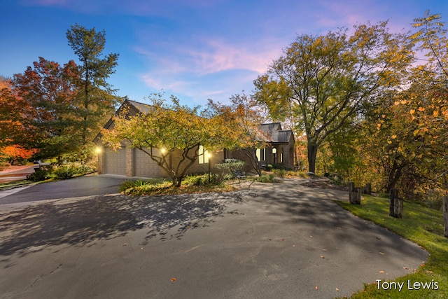 view of property hidden behind natural elements featuring a garage