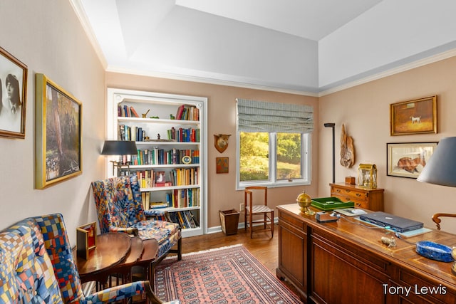 home office with wood-type flooring, a raised ceiling, and ornamental molding