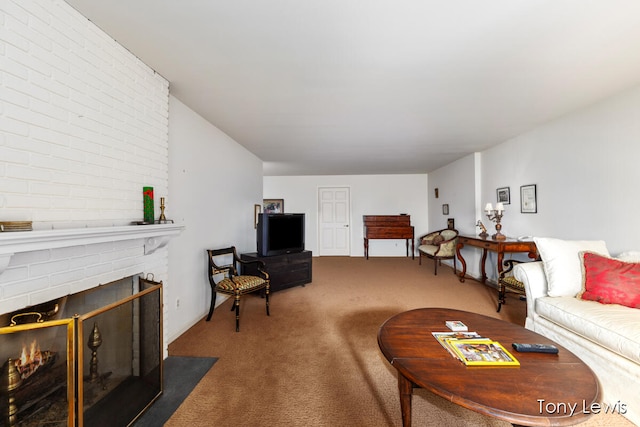 living room featuring carpet floors and a brick fireplace