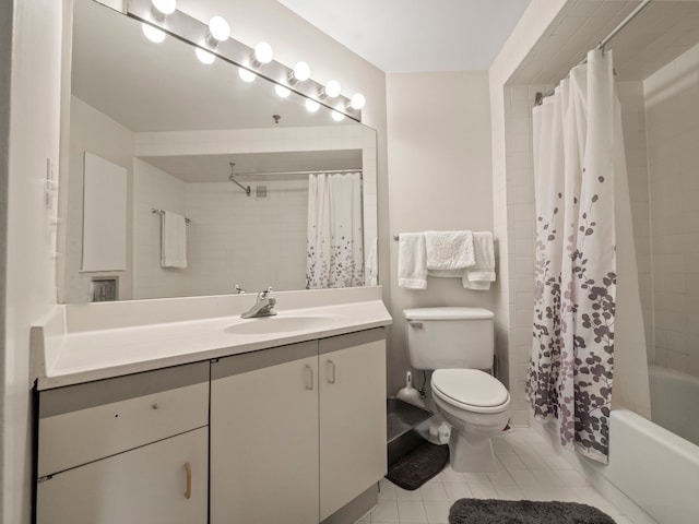 full bathroom with toilet, shower / bath combination with curtain, vanity, and tile patterned floors