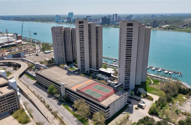 bird's eye view with a water view