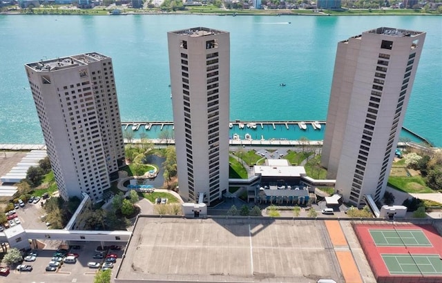 birds eye view of property featuring a water view