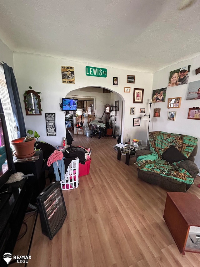 living room with hardwood / wood-style floors and a textured ceiling