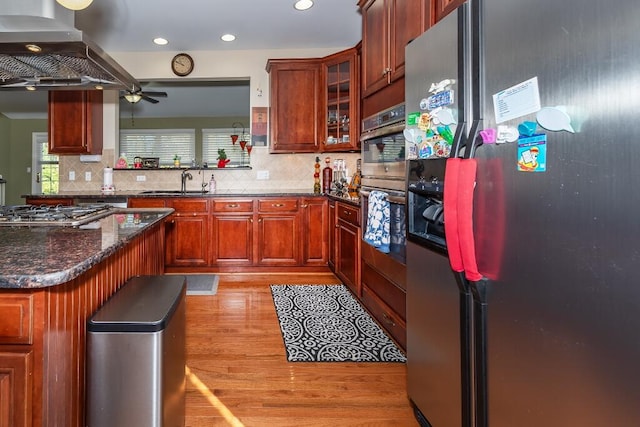 kitchen featuring appliances with stainless steel finishes, backsplash, light hardwood / wood-style floors, and range hood