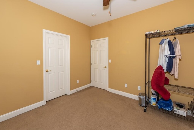 interior space featuring carpet flooring and ceiling fan