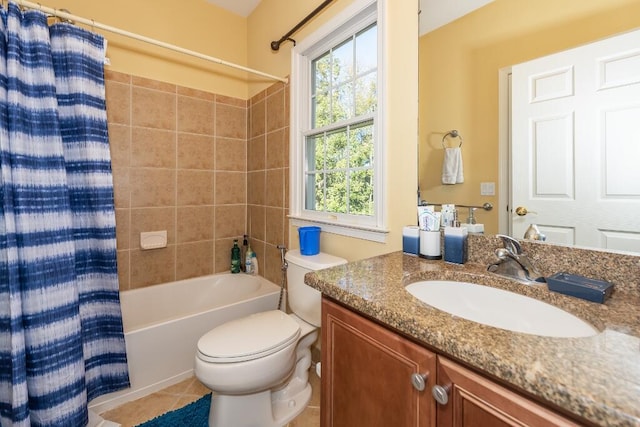 full bathroom with tile patterned floors, vanity, toilet, and shower / bathtub combination with curtain