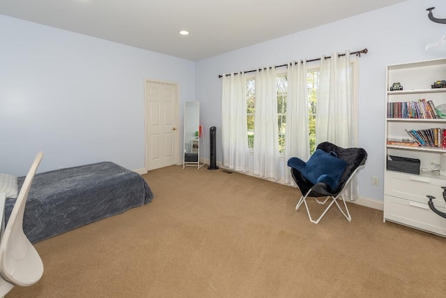 bedroom with light carpet