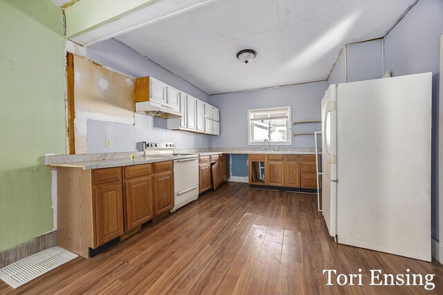 421 Lewis St, Belding, MI 48809 - kitchen featuring white appliances, dark wood-style floors, light countertops, under cabinet range hood, and open shelves