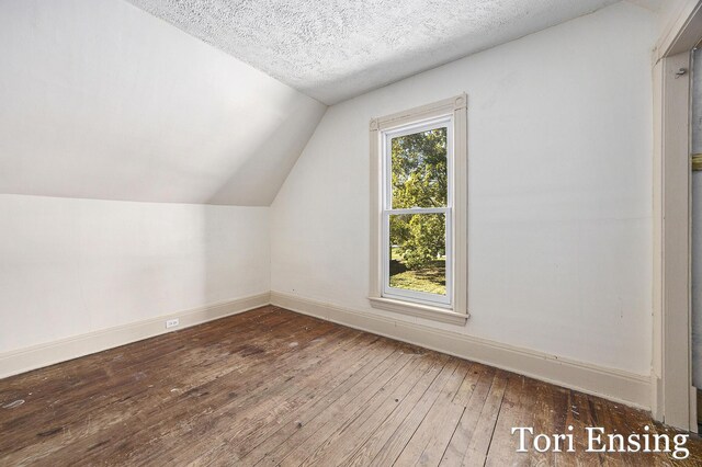 421 Lewis St, Belding, MI 48809 - bonus room with baseboards, hardwood / wood-style flooring, vaulted ceiling, and a textured ceiling