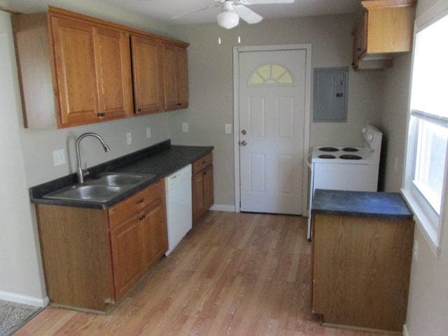 kitchen featuring white appliances, ceiling fan, sink, light hardwood / wood-style flooring, and electric panel