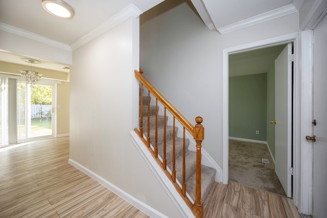 stairway with a chandelier, wood-type flooring, and crown molding