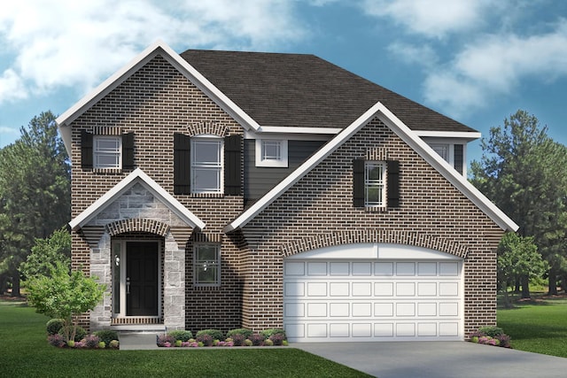 view of front facade featuring a garage and a front lawn