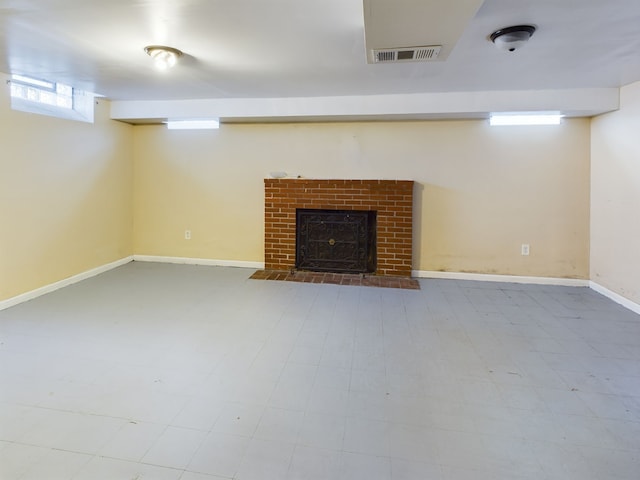 basement featuring a fireplace