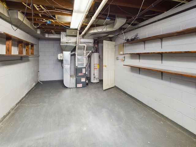 basement with gas water heater and heating unit