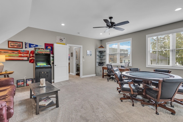 game room featuring ceiling fan and light colored carpet