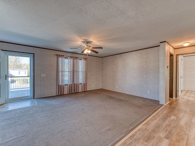 spare room featuring light wood-type flooring, a textured ceiling, and ceiling fan