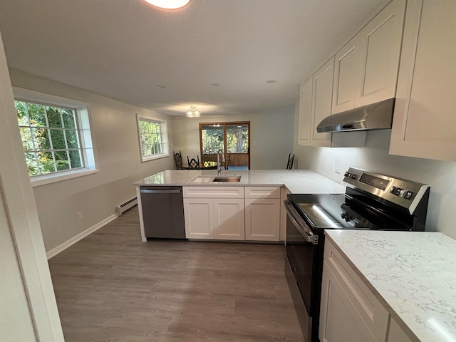 kitchen featuring kitchen peninsula, appliances with stainless steel finishes, white cabinetry, and sink