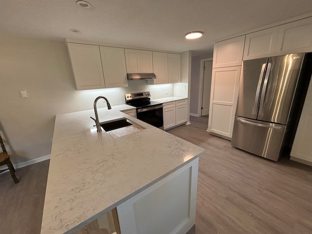 kitchen with white cabinets, sink, appliances with stainless steel finishes, light hardwood / wood-style floors, and kitchen peninsula