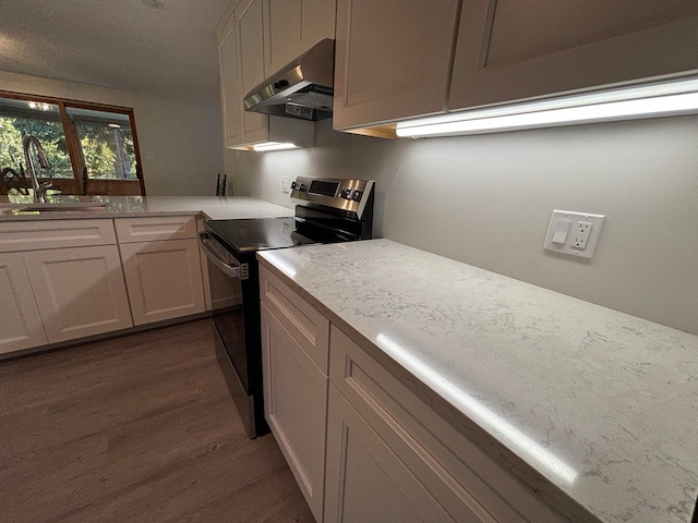 kitchen featuring sink, dark wood-type flooring, light stone counters, ventilation hood, and electric stove