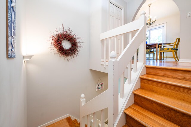 5876 Dunham Ln, Stevensville, MI 49127 - staircase with arched walkways, a chandelier, wood finished floors, and baseboards