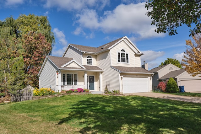 front facade featuring covered porch, a garage, and a front yard