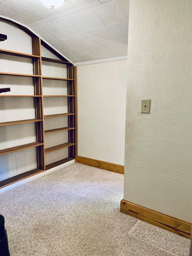 spare room featuring crown molding, carpet, and vaulted ceiling