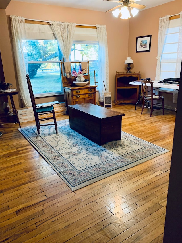 living area with wood-type flooring and ceiling fan