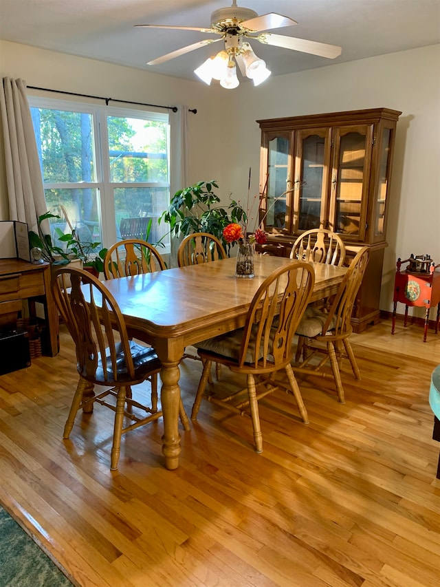 dining space featuring light wood-type flooring and ceiling fan