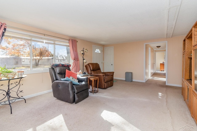 carpeted living room with a textured ceiling