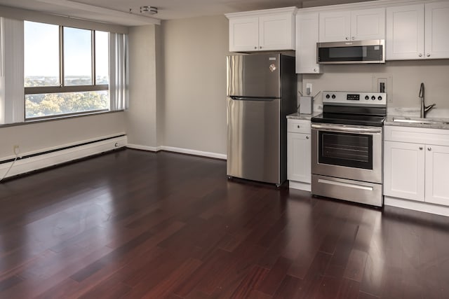 kitchen featuring a baseboard heating unit, sink, dark hardwood / wood-style floors, appliances with stainless steel finishes, and white cabinetry