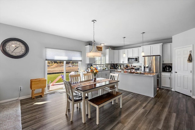 dining space featuring dark hardwood / wood-style flooring and sink