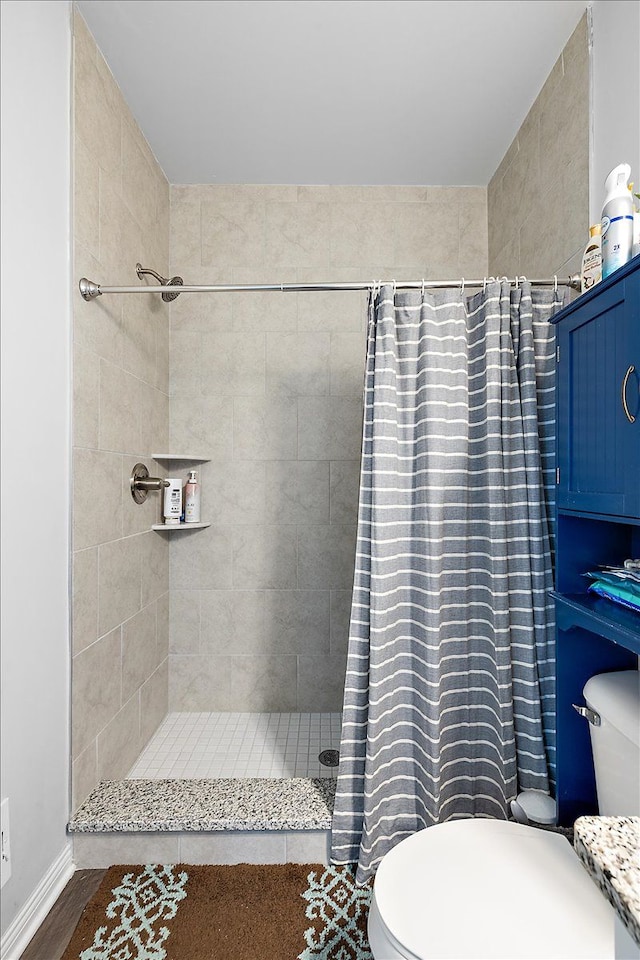 bathroom featuring a shower with shower curtain, toilet, and wood-type flooring