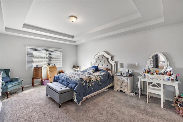 carpeted bedroom featuring a raised ceiling