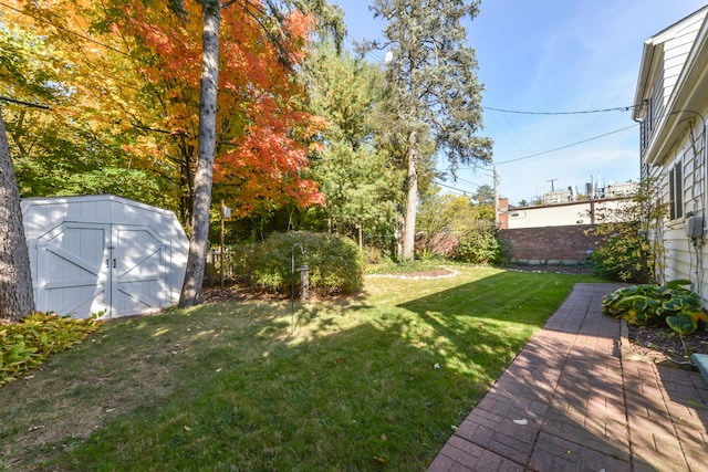 view of yard featuring a storage shed