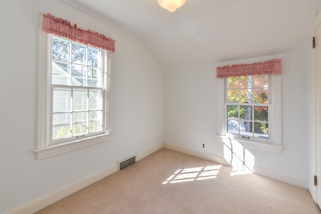 carpeted spare room featuring plenty of natural light and lofted ceiling