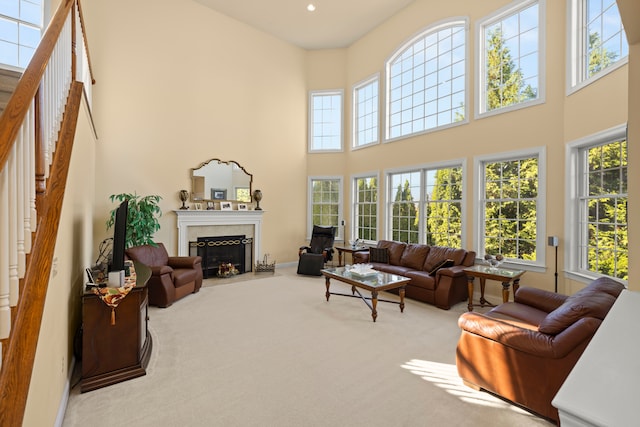 living room with carpet and a high ceiling