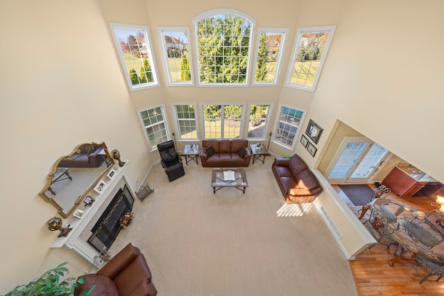 living room with wood-type flooring and a high ceiling