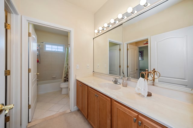 full bathroom with toilet, shower / bath combination with curtain, vanity, and tile patterned floors