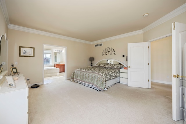 bedroom featuring light carpet, connected bathroom, and crown molding